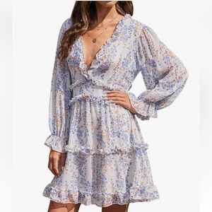 Elegant Floral Long Sleeve backless tiered chiffon swing Dress M